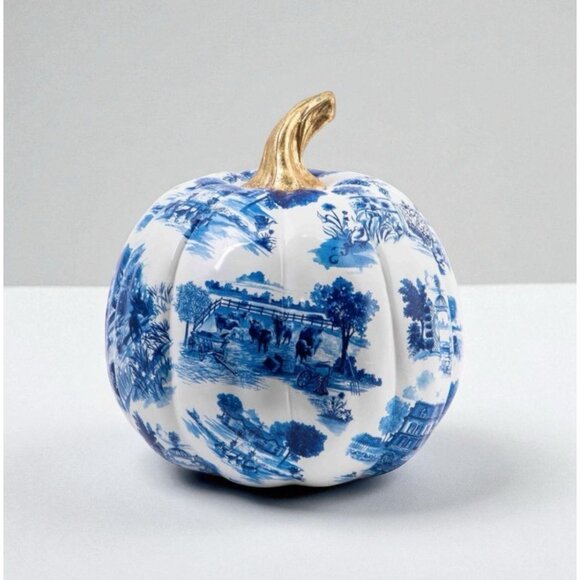 Mackenzie Childs Estate Pumpkin Royal Toile Blue White Gold Stem 11" Fall Decor - Picture 9 of 10